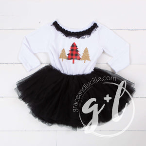 Buffalo check red and black Christmas trees with Black Tutu, White Long Sleeves - Grace and Lucille