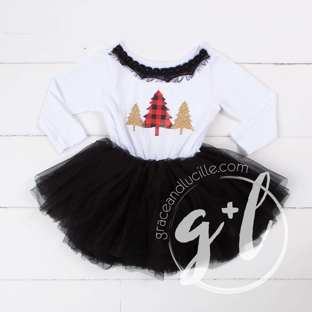 Buffalo check red and black Christmas trees with Black Tutu, White Long Sleeves - Grace and Lucille