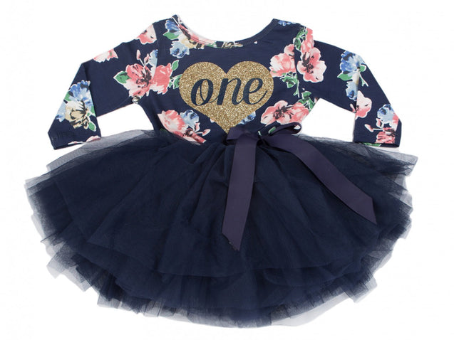 Navy Floral Heart of Gold Birthday Dress - (2nd Birthday Dress - 2nd Birthday Outfit)
