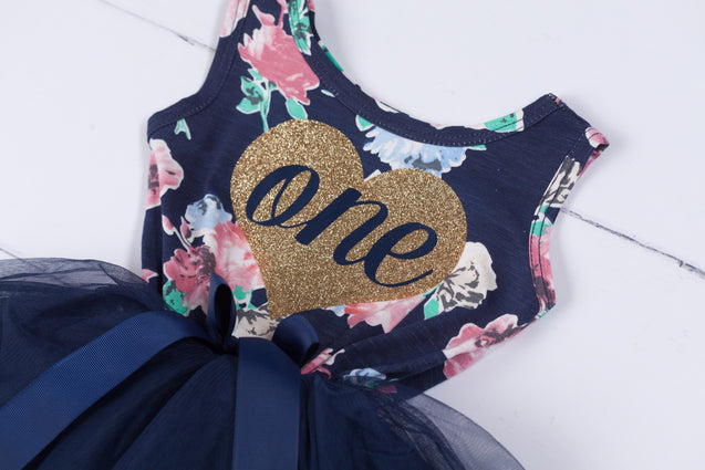Navy Floral Heart of Gold (1st Birthday Dress - 1st Birthday Outfit)