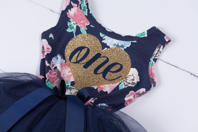 Navy Floral Heart of Gold Birthday Dress - (2nd Birthday Dress - 2nd Birthday Outfit)