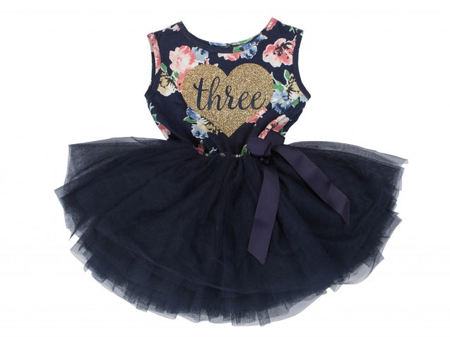 Navy Floral Heart of Gold (1st Birthday Dress - 1st Birthday Outfit)