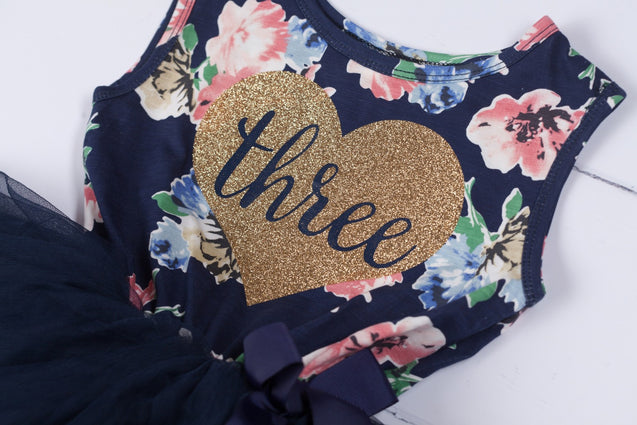 Navy Floral Heart of Gold (1st Birthday Dress - 1st Birthday Outfit)