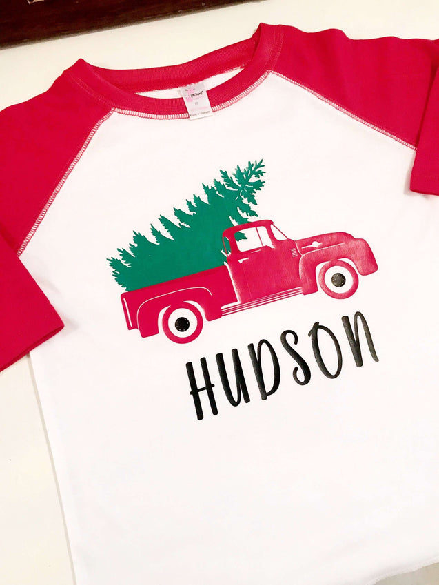 Christmas Tree in Vintage Truck Raglan Tee Shirt, Personalized with Name,White and Red - Grace and Lucille