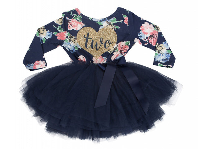 Navy Floral Heart of Gold (1st Birthday Dress - 1st Birthday Outfit)