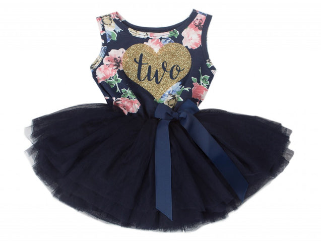 Navy Floral Heart of Gold Birthday Dress - (2nd Birthday Dress - 2nd Birthday Outfit)